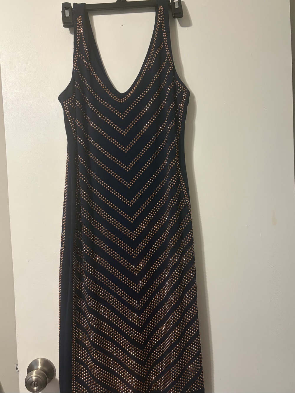 Navy V-Neck Sleeveless Maxi Dress with Gold Stud Chevron Detail